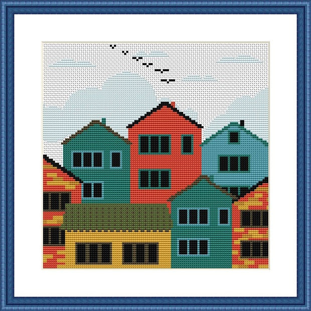 City houses cute free cross stitch hand embroidery pattern
