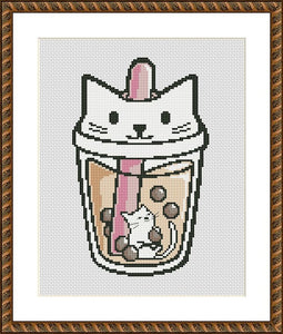 Boba tea cat cute animals free cross stitch embroidery pattern