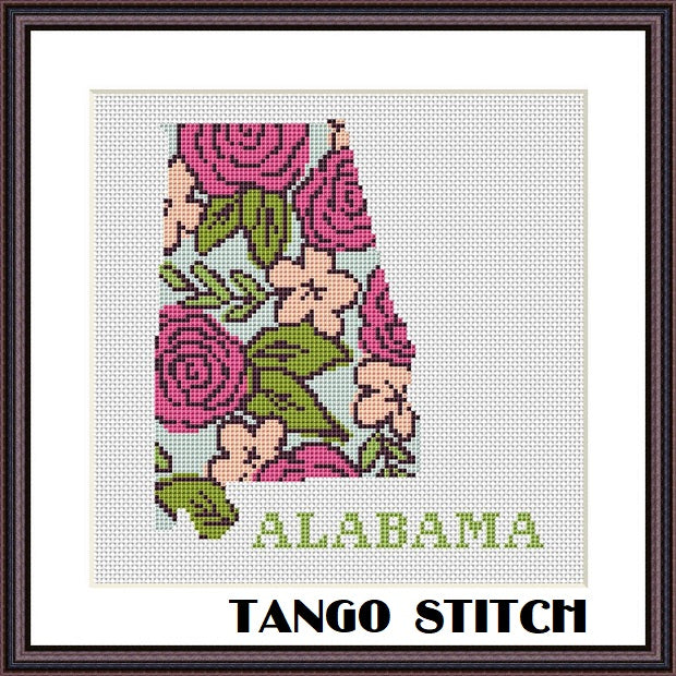 Alabama state map beautiful flower ornament cross stitch pattern