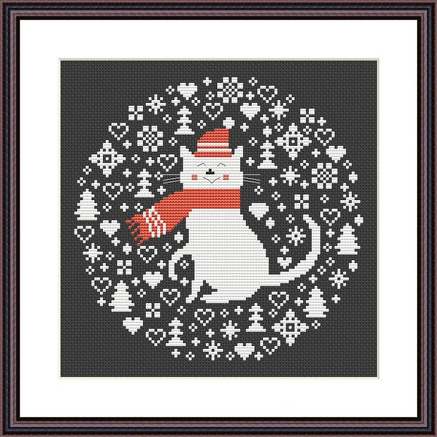 White Christmas cat cute animals free cross stitch hand embroidery pattern
