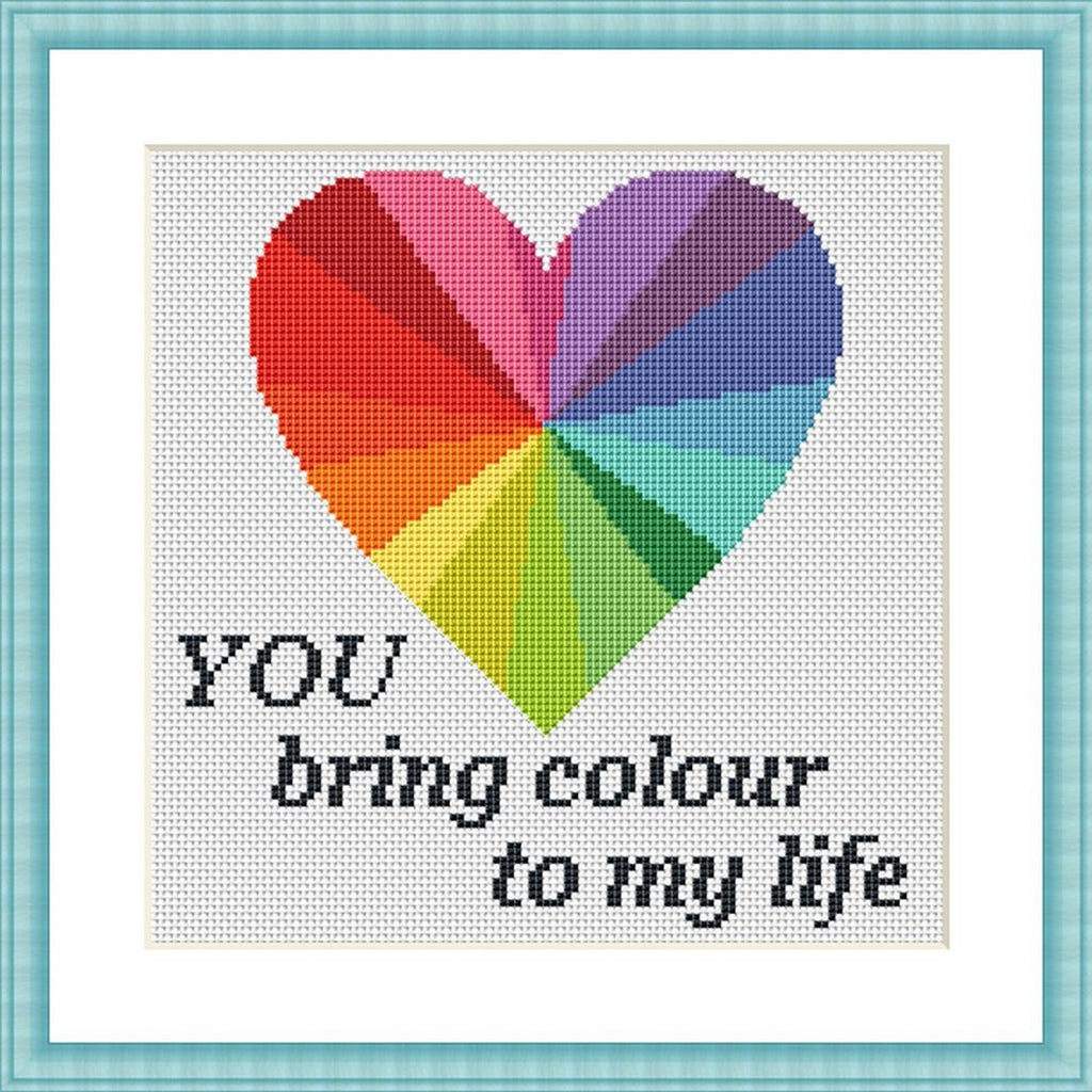 You bring colour in my life rainbow heart romantic cross stitch pattern