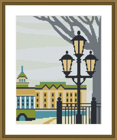 Winter city landscape cross stitch pattern