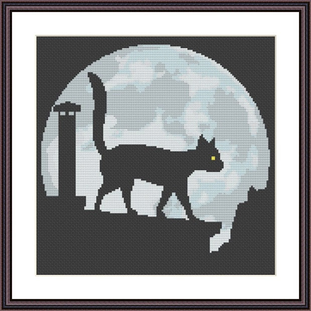 Night walking cat cute animals free cross stitch hand embroidery pattern