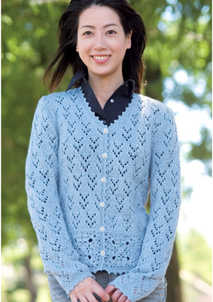 Blue knitting jacket with crochet square motifs