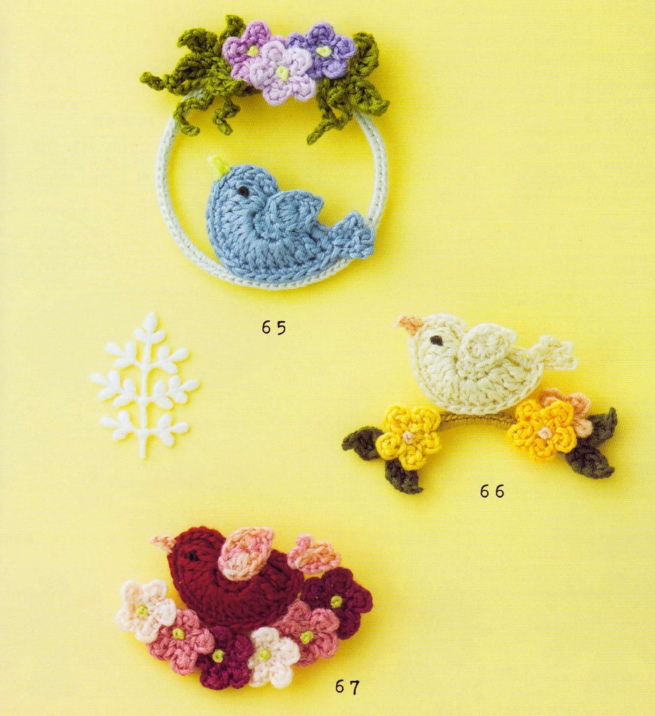 Cute crochet brooch with bird and flowers