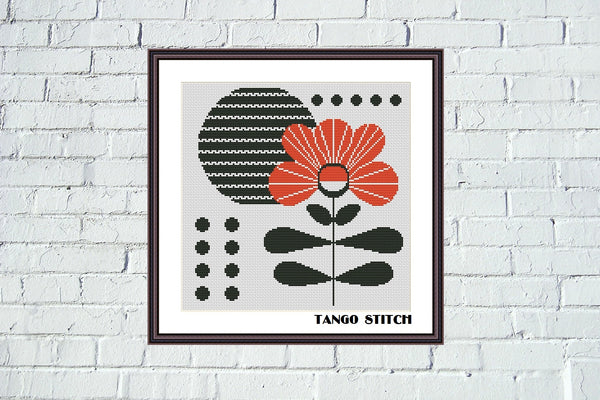 Orange abstract flower cross stitch pattern Scandinavian style design - Tango Stitch