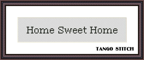 Cross-stitched phrase 'Home Sweet Home' with 'Tango Stitch' branding in a decorative frame. About Simple small cross stitch font alphabet pattern, Tango Stitch