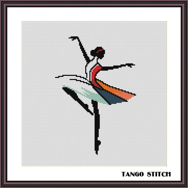 Cross-stitched design of a dancer with a colorful skirt on a white background, labeled 'Tango Stitch'. Beautiful ballerina minimalistic cross stitch pattern - Tango Stitch