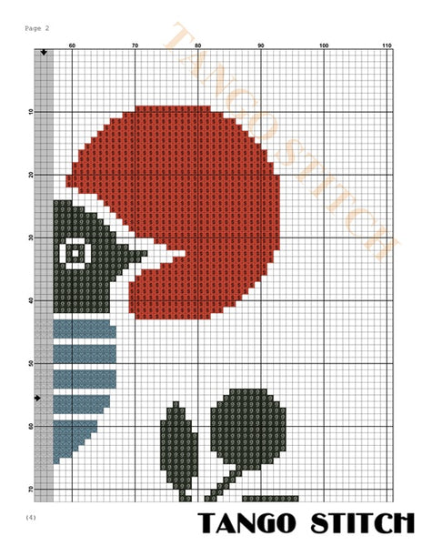 Cross-stitch pattern for a red and black design with grid lines and 'Tango Stitch' branding. Abstract modern minimalist stripe bird cross stitch pattern - Tango Stitch