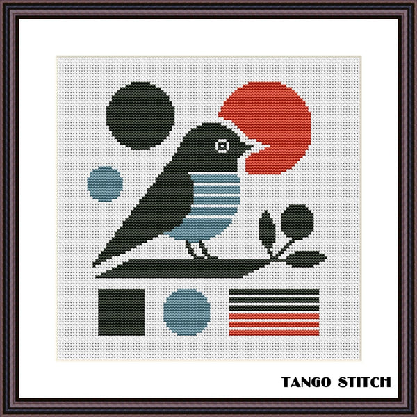 Cross-stitch pattern with a bird design and geometric shapes, branded 'Tango Stitch'. Abstract modern minimalist stripe bird cross stitch pattern - Tango Stitch