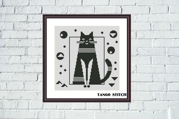 Geometric stripe cat black and white cross stitch pattern - Tango Stitch