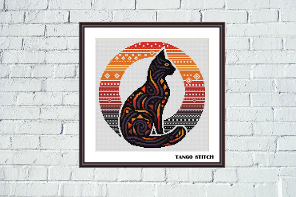 Intricate black cat silhouette sunset cross stitch pattern - Tango Stitch