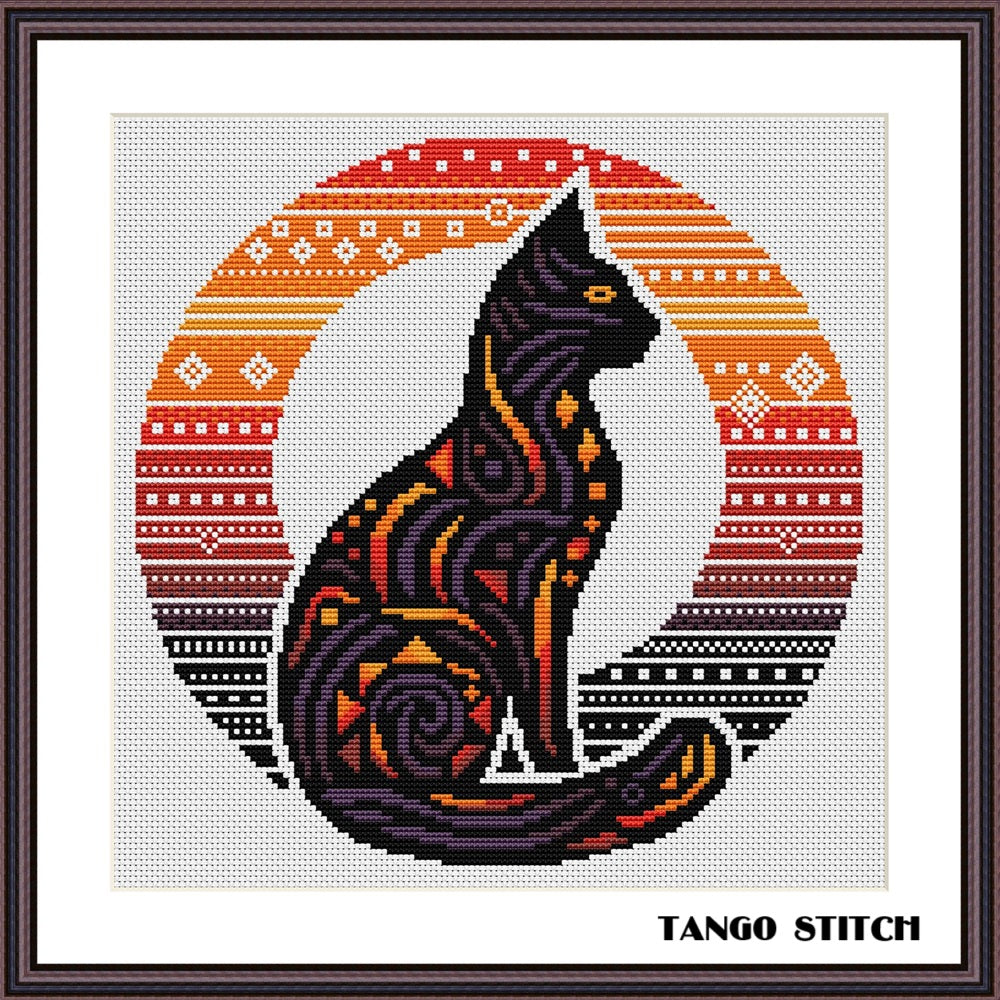 Intricate black cat silhouette sunset cross stitch pattern - Tango Stitch