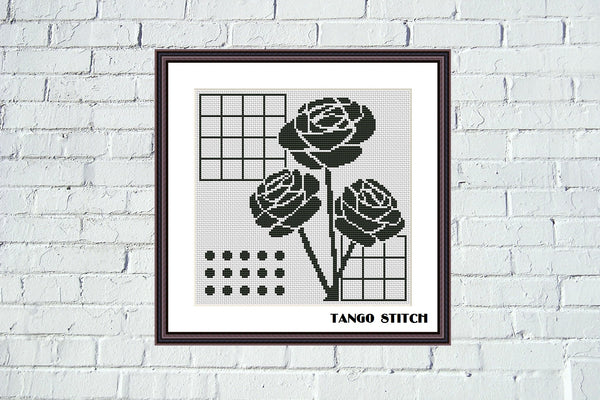 Black roses flower silhouette black and white cross stitch pattern - Tango Stitch