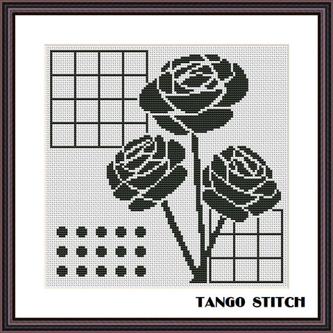 Black roses flower silhouette black and white cross stitch pattern - Tango Stitch