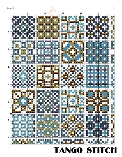 Grid of quilt patterns with 'Tango Stitch' branding/ Blue gold granny squares ornaments sampler cross stitch pattern - Tango Stitch