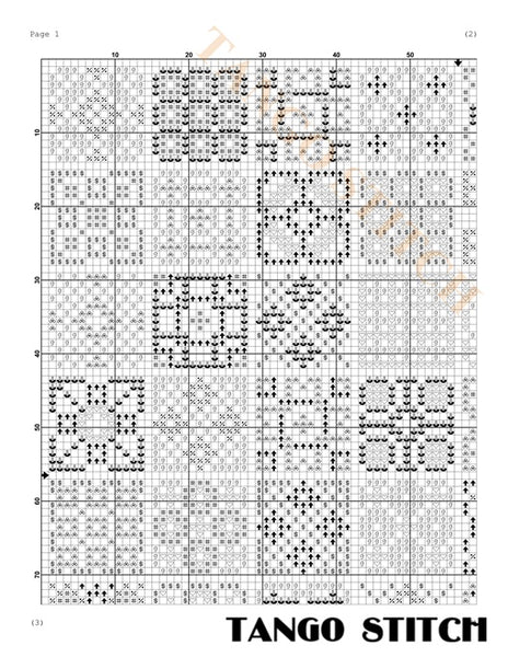 Cross-stitch pattern grid with 'Tango Stitch' branding at the bottom. Blue gold granny squares ornaments sampler cross stitch pattern - Tango Stitch