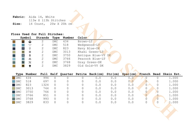 Embroidery pattern chart with fabric details, floss color chart, and stitch information. Blue gold granny squares ornaments sampler cross stitch pattern - Tango Stitch
