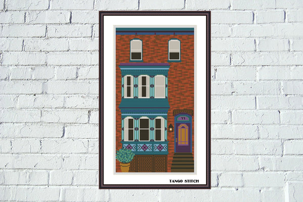 City brick house landscape cross stitch pattern, Tango Stitch