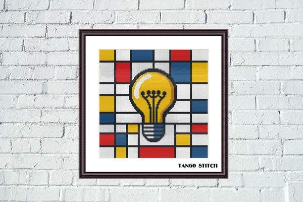 Mondrian inspired light bulb cross stitch pattern - Tango Stitch