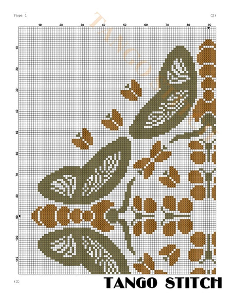 Cross-stitch pattern with butterflies on a grid background, labeled 'Tango Stitch'. Dancing butterflies cross stitch pattern - Tango Stitch