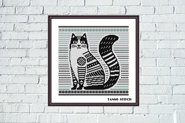 Stripe black cat cute animals cross stitch pattern - Tango Stitch