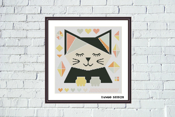 Cute geometric cat cross stitch embroidery pattern - Tango Stitch