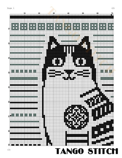 Stripe black cat cute animals cross stitch pattern - Tango Stitch