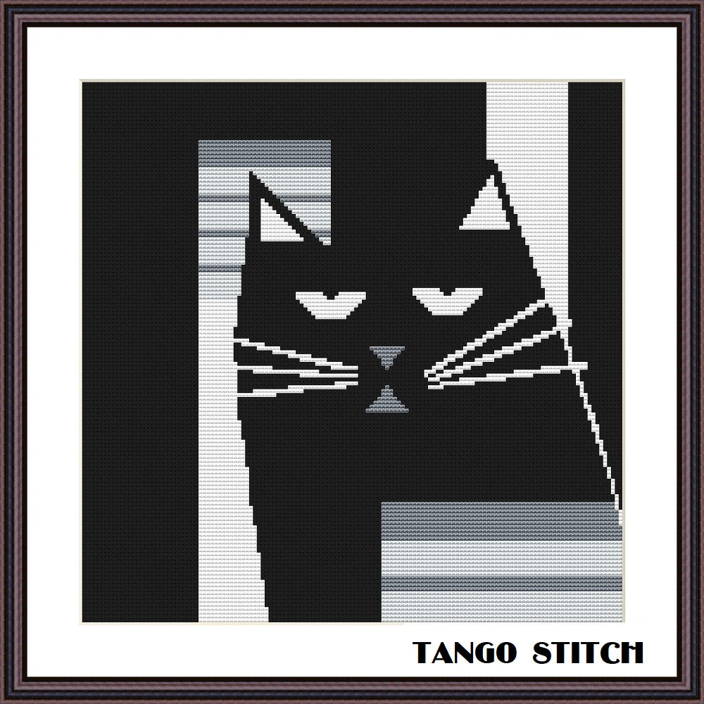 Sad black cat cross stitch cute animals embroidery pattern - Tango Stitch