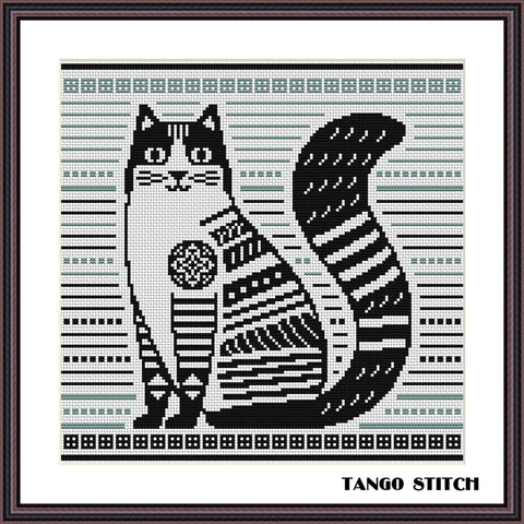 Stripe black cat cute animals cross stitch pattern - Tango Stitch