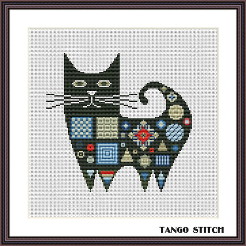 Cute ornament black cat cross stitch pattern - Tango Stitch