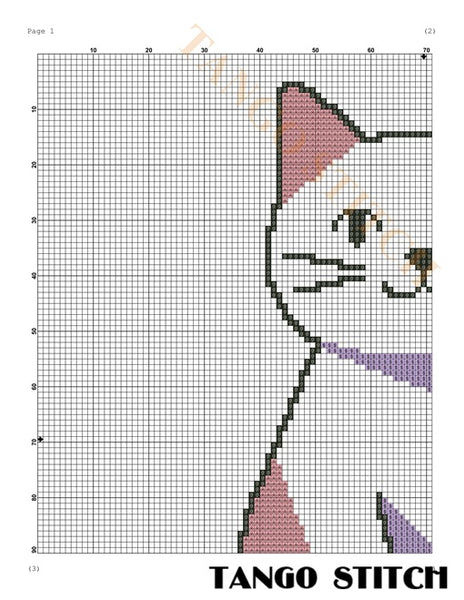 A needlepoint or cross-stitch pattern sheet showing a stylized cat face and body made of colored squares on a white grid. The design includes pink, purple, black, and white areas, with the text 'TANGO STITCH' at the bottom. Humorous Pet Quote Embroidery cross stitch pattern - Tango Stitch