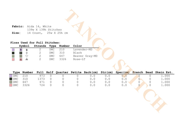 A digital preview sheet showing embroidery stitch color options and specifications for a fabric design. The top section lists fabric details: 'Aida 14, White, 139w X 139h Stitches, 14 Count, 25w X 25h cm'. Humorous Pet Quote Embroidery cross stitch pattern - Tango Stitch