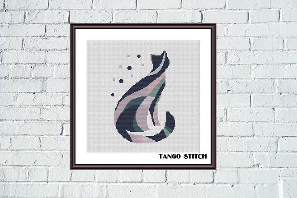 Pink blue abstract cat silhouette cross stitch pattern - Tango Stitch
