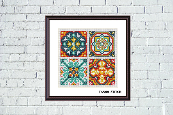 Antique ceramic tiles cross stitch ornaments pattern - Tango Stitch