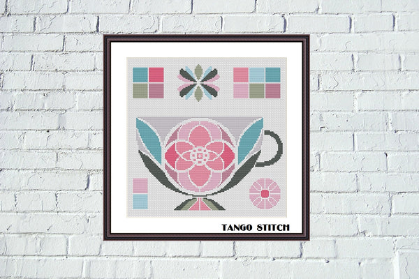 Cute pink floral cup cross stitch embroidery pattern - Tango Stitch