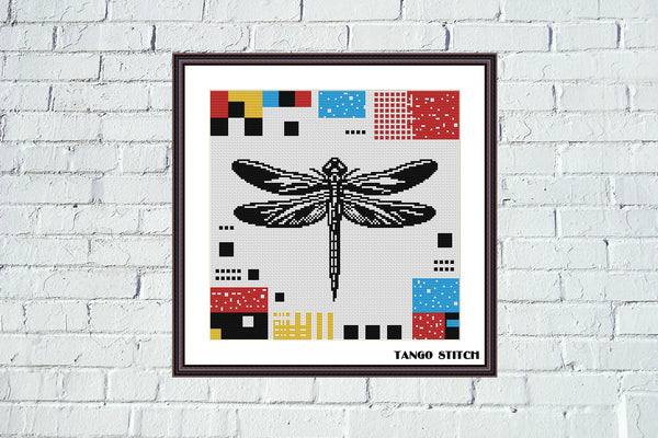 Dragonfly Piet Mondrian inspired geometric cross stitch pattern