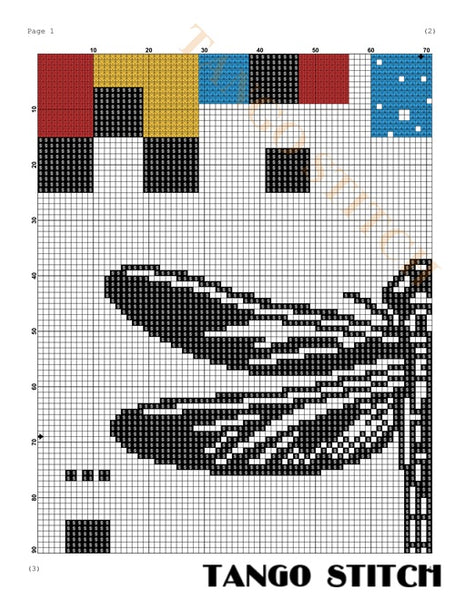 Dragonfly Piet Mondrian inspired geometric cross stitch pattern