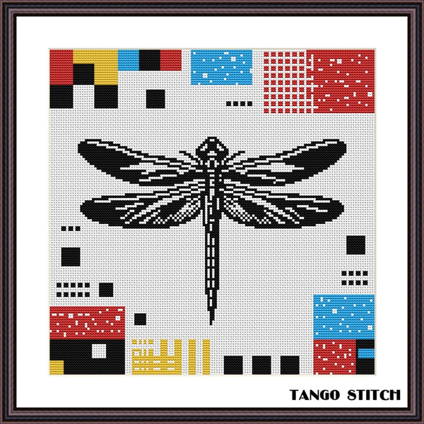 Dragonfly Piet Mondrian inspired geometric cross stitch pattern