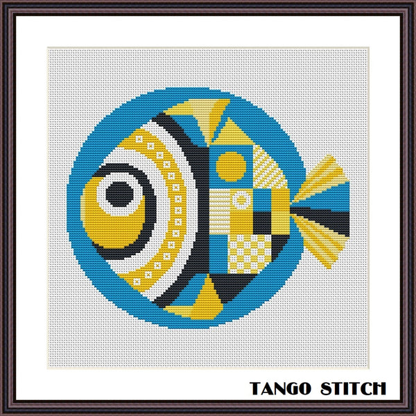 Geometric fish yellow blue ornament cross stitch pattern - Tango Stitch 