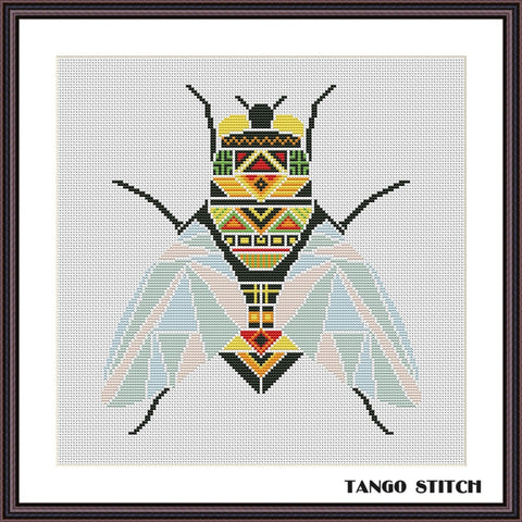 Intricate fly cross stitch embroidery ornament pattern - Tango Stitch