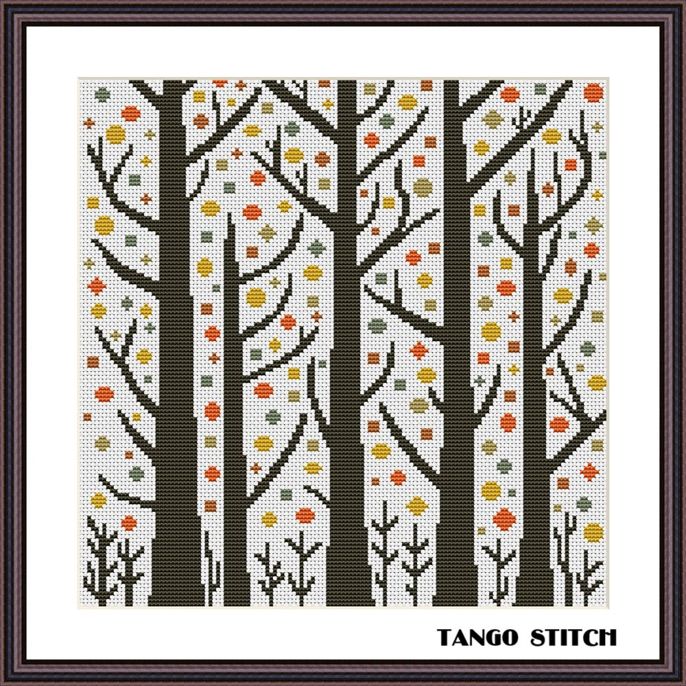 Winter forest abstract tree cross stitch pattern - Tango Stitch