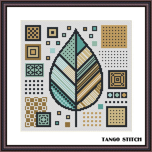 Geometric green leaf beige cross stitch pattern - Tango Stitch