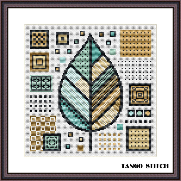 Geometric green leaf beige cross stitch pattern - Tango Stitch