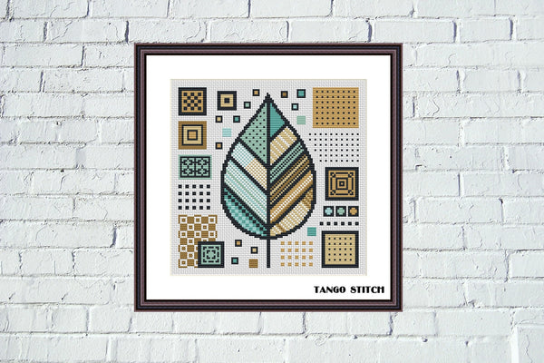 Geometric green leaf beige cross stitch pattern, Tango Stitch