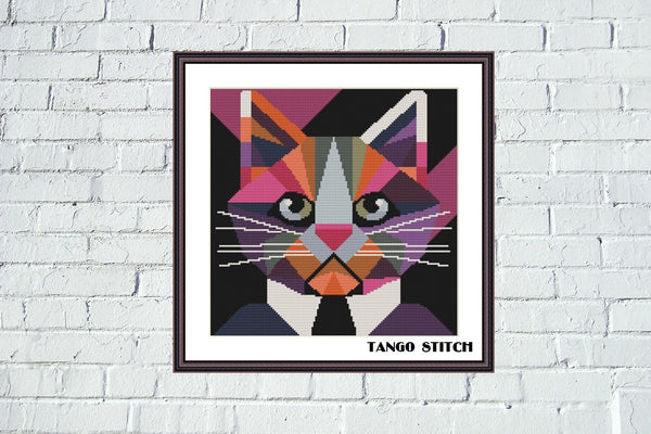 Cat portrait geometric cross stitch embroidery pattern - Tango Stitch 