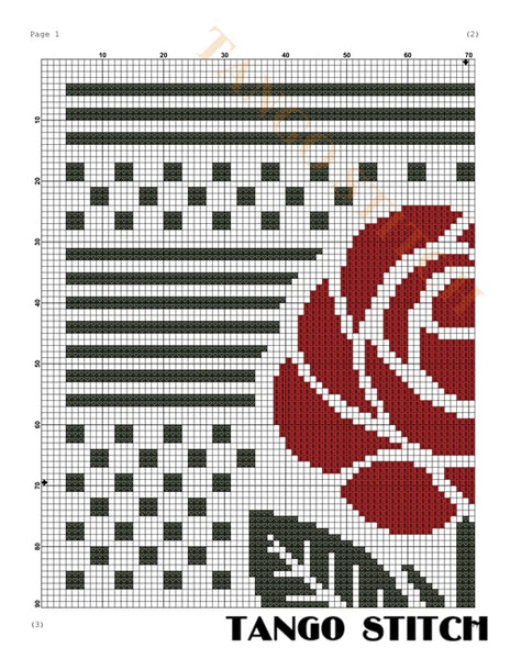 Cross stitch pattern with a red rose design and 'Tango Stitch' branding. Red rose abstract geometric cross stitch pattern, Tango Stitch