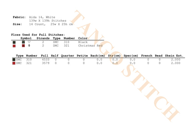 Embroidery pattern chart with fabric details, stitch counts, and color information on a white background. Red rose abstract geometric cross stitch pattern, Tango Stitch