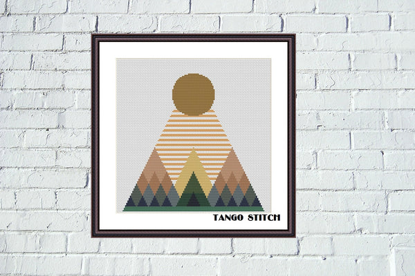 Geometric mountains sunrise cross stitch pattern, Tango Stitch