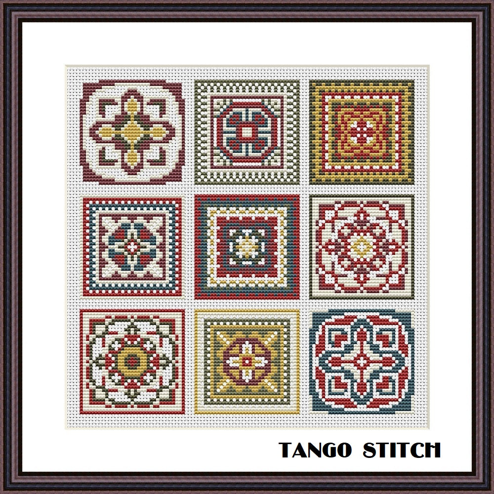 Granny squares sampler cross stitch embroidery pattern - Tango Stitch